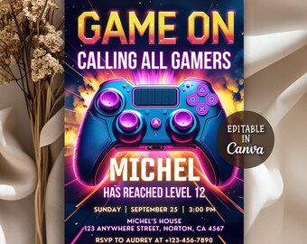 Video Game Birthday Party Invitation, Level Up Birthday Invite, Video Gamer Boy Template, Arcade Party, Neon Glow Invite, Editable Canva