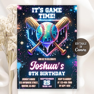 Puede incluir: Una vibrante invitación de cumpleaños con temática de béisbol con el texto "¡Es hora del juego!" y "8º cumpleaños de Joshua". Presenta un diseño de béisbol, bates y home plate con una estética de neón. Incluye detalles del evento.