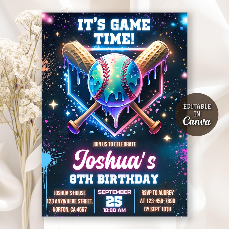 May include: A vibrant baseball-themed birthday invitation with the text "It's Game Time!" and "Joshua's 8th Birthday." Features a baseball, bats, and a home plate design with a colorful, neon-style aesthetic. Includes event details.