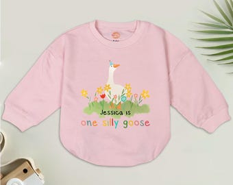 One Silly Goose Romper Sweatshirt, Custom Name Baby, One Silly Goose On The Loose Bubble Romper, Funny Shirt for Kids, Birthday Baby Gift