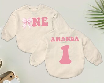 Personalized Bow Birthday Romper, Pink Bow First Birthday Outfit for Girl, Retro 1st Birthday, Cute Pink Bow Birthday Baby Clothes