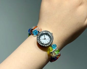 Pulsera de cuentas arcoíris Y2K, reloj de cristal con cuentas gruesas de colores, reloj de pulsera elástica, bonita joyería retro, reloj de cuentas hecho a mano.