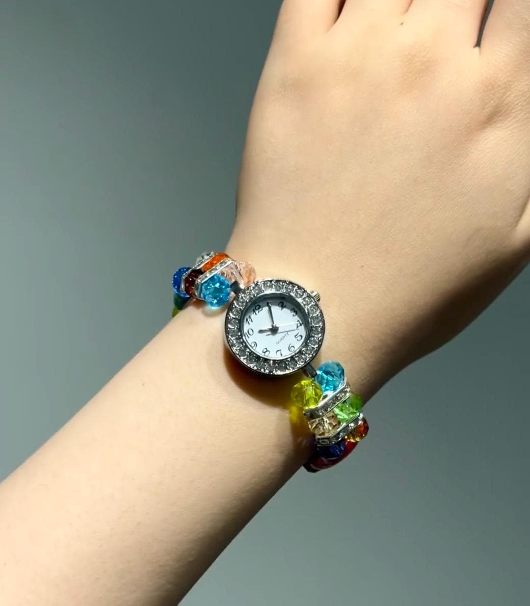 Vintage Inspired Rainbow Crystal Bangle Rhinestone Bracelet Y2K Glam Watch Colorful Crystal Y2K Watch Band for Women | Rainbow  main image 4