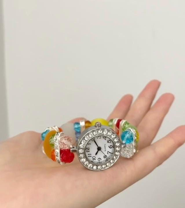 Y2K Rainbow Beaded Watch Bracelet, Colorful Chunky Beads  display picture 1