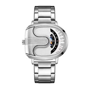 May include: A silver-toned wristwatch with a metallic link band and a unique, asymmetrical, oval-shaped case. The watch face features a textured white surface, a curved black display with numerical markers, and the word BESTWIN printed in white.