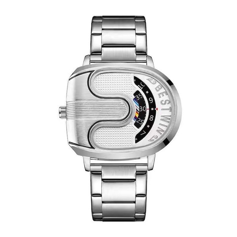 May include: A silver-toned wristwatch with a metallic link band and a unique, asymmetrical, oval-shaped case. The watch face features a textured white surface, a curved black display with numerical markers, and the word BESTWIN printed in white.