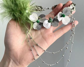 Whimsigoth Feather Flower Choker, Avant-Garde Green Statement Necklace, Y2K Fantasy Jewelry, Fairycore Festival Accessory