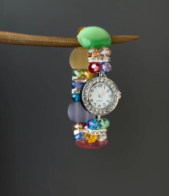 Y2K Mosaic Rhinestone Watch Bracelet Statement Multicolor Beaded Colorful Beaded Watch Bracelet,handmade Charm Wristwatch,fun  main image 3
