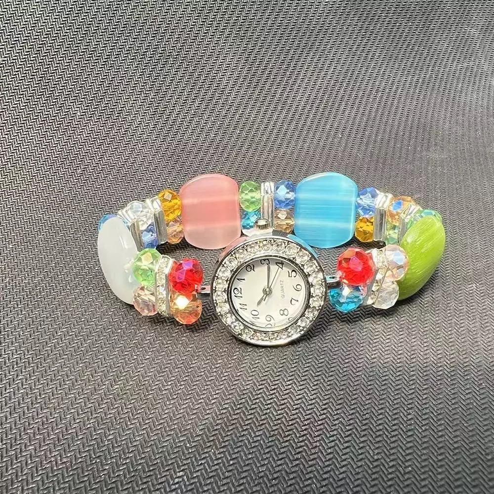 Y2K Mosaic Rhinestone Watch Bracelet Statement Multicolor Beaded Colorful Beaded Watch Bracelet,handmade Charm Wristwatch,fun  main image 4