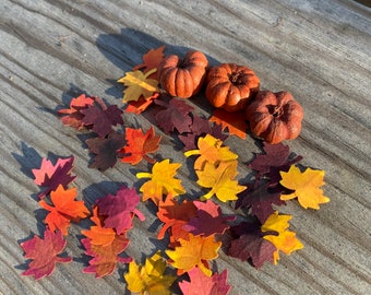 Dolls house Halloween fall autumn scatter leaves and pumpkins