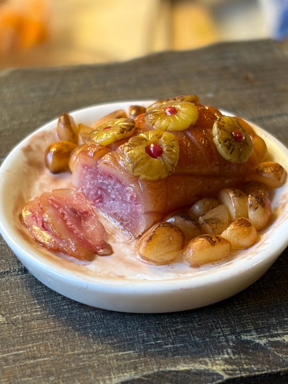 Miniature Roast Gammon with potatoes and pineapple : 1/12 Scale Dollhouse Food by Wyrdworldminiatures