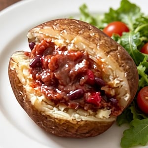 May include: A baked potato split open and filled with a savory mixture of dark red kidney beans and a rich, glossy red sauce, served alongside a fresh green salad with bright red cherry tomatoes on a white plate.
