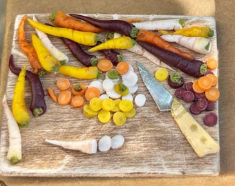 Miniature Tudor Dollhouse food: Carrot peeling prep board  1/12 scale