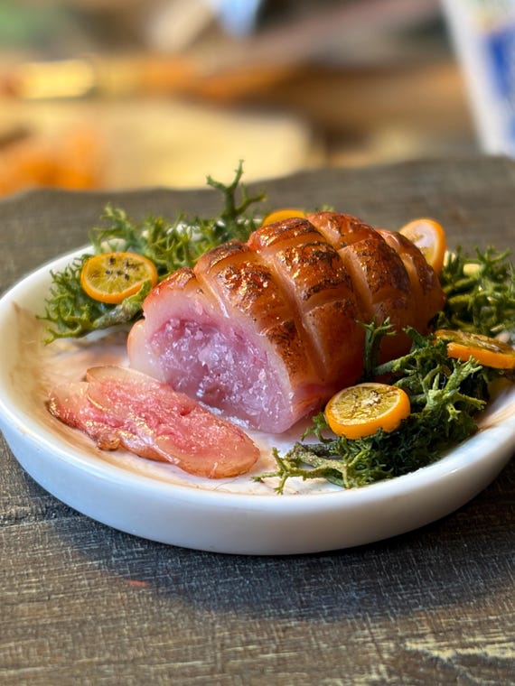 Miniature Roast Gammon with greens and orange slices: 1/12 Scale Dollhouse Food by Wyrdworldminiatures