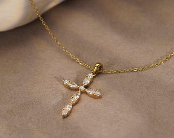 Zircon Cross Necklace, Dainty Cross Pendant Necklace, Marquise Cut CZ Necklace, Baptism Gift, Religious Necklace, Mothers Day Gift for Mom