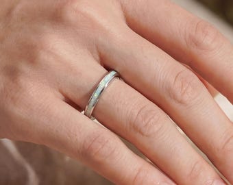 Inlaid Opal Jewelry, White Opal Band, Opal Ring Band, Silver Ring with Crushed Opal, Silver Opal Band, Gift for Grandma, Gift for Women