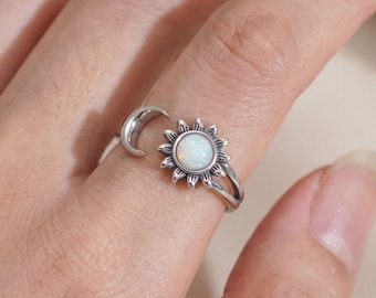 Moon & Sun Opal Ring, Sterling Silver Opal Ring, Adjustable Open Ring, Birthstone Ring, Birthday Gift, Mothers Day Gift, Unique Gift for Her