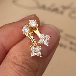 Flower Ear Jackets with CZ Diamond, Sterling Silver Earrings, Hypoallergenic Jewelry, Birthday Gift for Women, Valentine's Day Gift for Her