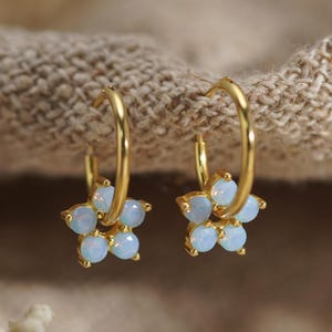 Blue Flower Opal Earrings, Dainty Hoop Earrings, Sterling Silver Huggies, Birthday Gift, Valentines Day Gift, Gift for Her, Gift for Mom