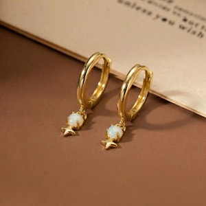 Opal Dangle Earrings, Opal Hoop Sets, Mini Opal Huggie Earrings, Gold Charm Earrings, Hoop Earrings for Women, Bridesmaid Gift,Birthday Gift