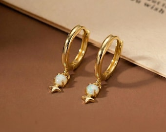 Opal Dangle Earrings, Opal Hoop Sets, Mini Opal Huggie Earrings, Gold Charm Earrings, Hoop Earrings for Women, Bridesmaid Gift,Birthday Gift