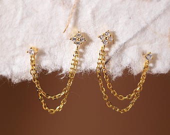 Chain Drop Earrings, Double Chain Earrings, CZ Chain Earrings, Minimalist Chain Earrings, Bridesmaid Earrings, Modern Gold Earrings for Her