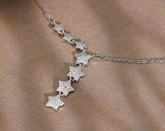 Falling Stars Necklace, Y Drop Silver Necklace, Silver Star Drop Necklace, Lariat Celestial Necklace, Bridesmaid Gift, Dainty Gift for Her