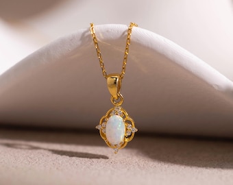 925 Sterling Silver Opal Necklace, October Birthstone Jewelry, 18K Gold Plated Necklace, Mothers Day Gift, Birthday Gift,Dainty Gift for Her
