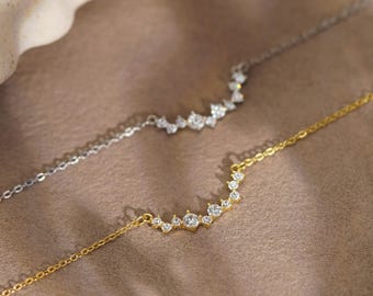 925 Sterling Silver Cluster CZ Necklace, Smile Necklace, Curved CZ Bar Necklace, Dainty Gold Necklace, Prom Jewelry for Her,Mothers Day Gift
