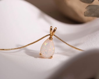 Tiny Opal Necklace, White Opal Teardrop Pendant Necklace, October Birthstone Jewelry, Birthday Gift, Mothers Day Gift, Gift for Best Friend