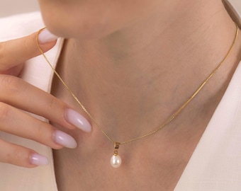 Collar de perlas en forma de lágrima, joyería de una sola perla, collar de perlas auténticas, joyería de boda, regalo de dama de honor, regalo del Día de la Madre, regalo de San Valentín