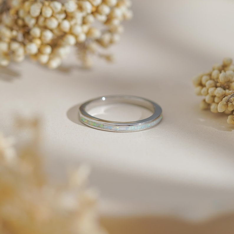 May include: A silver ring with a band of small, rectangular, iridescent opal stones. The ring is set against a soft, neutral background with dried floral accents, creating a delicate and elegant aesthetic. The ring is a piece of jewelry.
