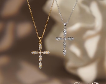 Collar con cruz de circonita, collar con colgante de cruz delicado, collar con circonita cúbica talla marquesa, regalo de bautismo, collar religioso, regalo de confirmación para ella.