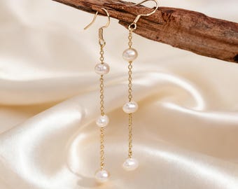 Ohrhänger mit natürlichen Süßwasserperlen, goldene Perlenohrringe, lange Perlenohrringe, Brautohrringe, Perlenschmuck für Brautjungfern