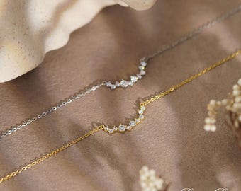 925 Sterling Silver Cluster CZ Necklace, Smile Necklace, Curved CZ Bar Necklace, Dainty Gold Necklace, Prom Jewelry for Her,Mothers Day Gift