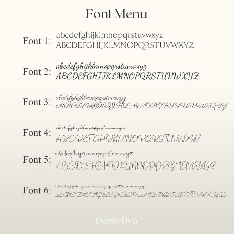 Puede incluir: Un men&uacute; de fuentes muestra seis estilos de fuente diferentes, cada uno con alfabetos en may&uacute;sculas y min&uacute;sculas. El texto "Font Menu" est&aacute; en la parte superior, con el nombre de la marca "DaintyByo" en la parte inferior. Las fuentes var&iacute;an en estilo, de cl&aacute;sico a script.