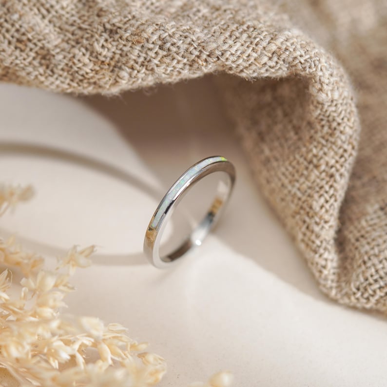 Inlaid Opal Jewelry, White Opal Band, Opal Ring Band, Silver Ring with Crushed Opal, Silver Opal Band, Gift for Grandma, Gift for Women image 7