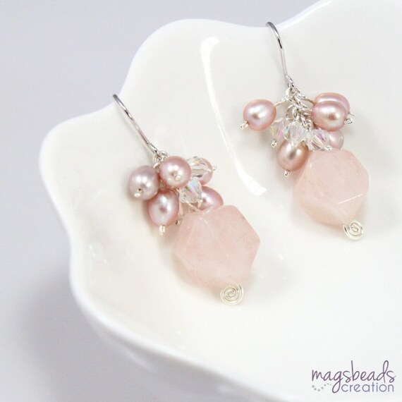 Items similar to Pastel Pink Earrings, Cluster Mauve Pearls, Rose