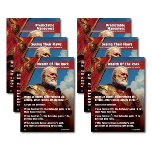 May include: Several game cards with a portrait of a man in armour, and text including "Wealth of the Rock" and "Predictable Maneuvers." The cards are red and gold, with a crest design and game instructions.