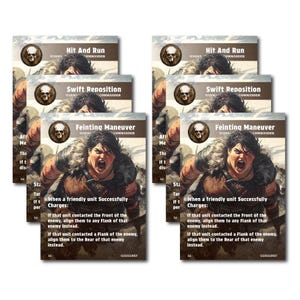 May include: A stack of strategy game cards featuring illustrations of a warrior with text such as "Hit and Run", "Swift Reposition", and "Feinting Maneuver". The cards have a brown and beige color scheme with a skull icon.