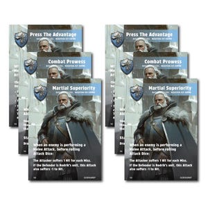 Peut inclure: Plusieurs cartes de jeu de fantasy avec des illustrations d'un homme en armure et du texte. Les cartes sont intitulées "Press The Advantage", "Combat Prowess" et "Martial Superiority". Les cartes ont un code couleur bleu et blanc.