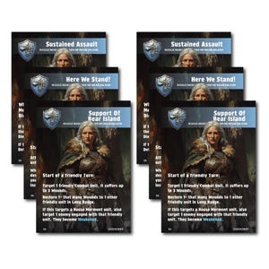 Peut inclure: Plusieurs cartes de jeu sur le thème de la fantaisie. Chaque carte présente un portrait de femme et du texte. Les cartes sont intitulées "Sustained Assault", "Here We Stand!" et "Support Of Bear Island".