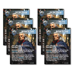 Peut inclure: Plusieurs cartes de jeu avec un portrait d'homme aux cheveux blancs et une cape bleue. Les cartes affichent du texte tel que "Set For Charge", "War Cry" et "Refuse To Yield". Le jeu s'appelle "GODSGRIEF".