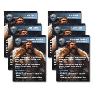 Peut inclure: Plusieurs cartes de jeu de fantasy avec une illustration de guerrier. Les cartes affichent des titres tels que "Lash Out", "Last Stand" et "Beserker Tactics". Les cartes sont bleues et blanches avec du texte décrivant les actions du jeu.