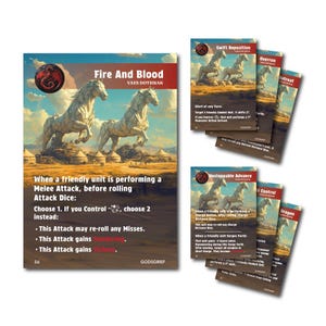 May include: A collection of fantasy game cards featuring illustrations of white horses and dragons. The main card reads "Fire And Blood" with text describing melee attack dice choices. Additional cards display titles like "Swift Reposition" and "Unstoppable Advance."