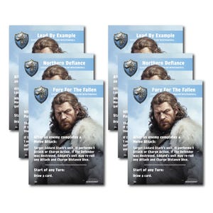 Peut inclure: Plusieurs cartes de jeu avec le portrait d'un homme aux cheveux longs et une cape bordée de fourrure. Les cartes portent des titres tels que "Lead By Example", "Northern Defiance" et "Fury For The Fallen". Les cartes sont bleues et blanches.