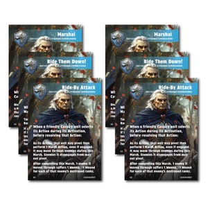 Peut inclure: Plusieurs cartes à collectionner avec un homme en cape bleue. Les cartes affichent les titres "Marshal", "Ride Them Down!" et "Ride-By Attack". Les cartes contiennent également des instructions de jeu.