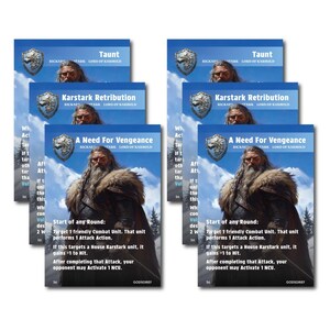 Peut inclure: Plusieurs cartes de jeu avec un portrait d'homme barbu et des inscriptions telles que "Taunt", "Karstark Retribution" et "A Need For Vengeance". Les cartes sont bleues et blanches et contiennent des instructions de jeu.