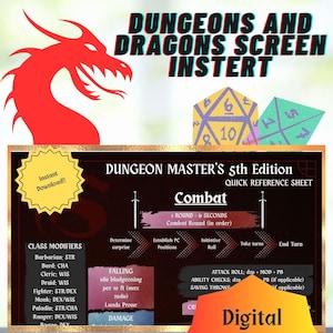 May include: A digital PDF for a Dungeons and Dragons screen insert. The image features a red dragon silhouette, dice, and a quick reference sheet for combat, class modifiers, and falling damage. Text includes "Digital Download PDF."