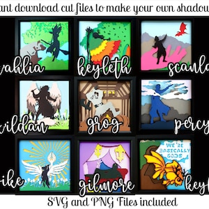 May include: Nine colorful shadow box designs featuring characters from the animated series "The Legend of Vox Machina". Each design includes a character name and a quote from the show. The designs are available as SVG and PNG files for download.